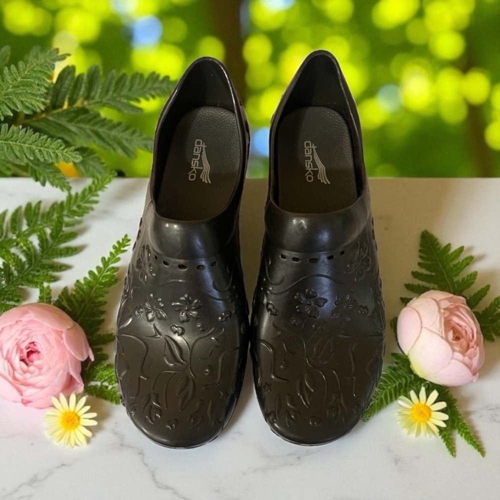 Dansko Dark Brown Embossed Floral Clogs